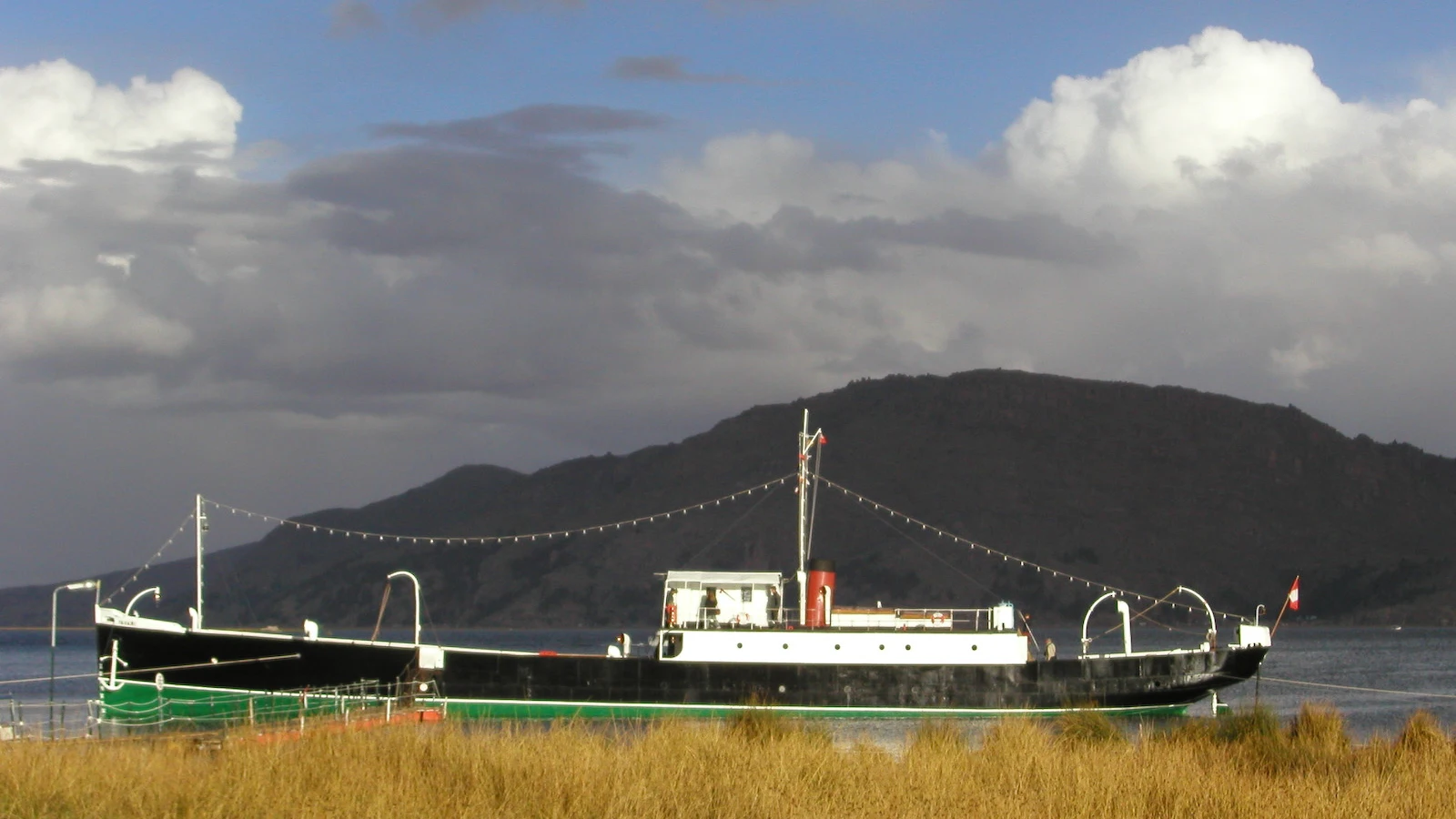 The Yavari steamship museum moored in Puno Bay on Lake Titicaca