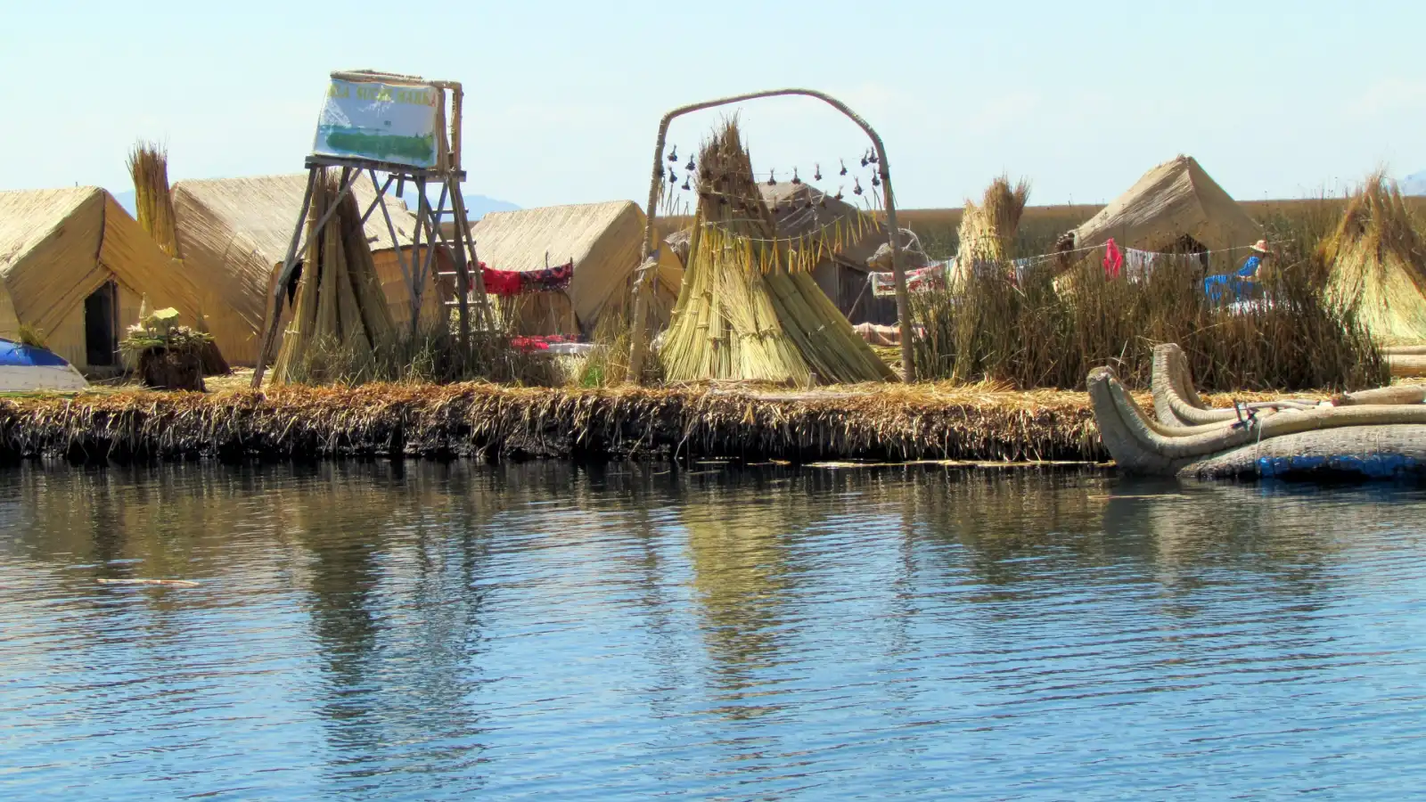 Reed houses on the Uros floating islands of Lake Titicaca