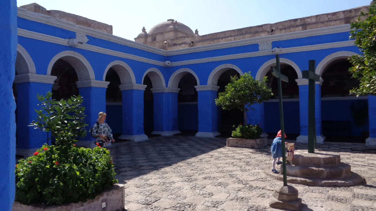 Blue-painted cloister inside Santa Catalina Monastery in Arequipa, Peru